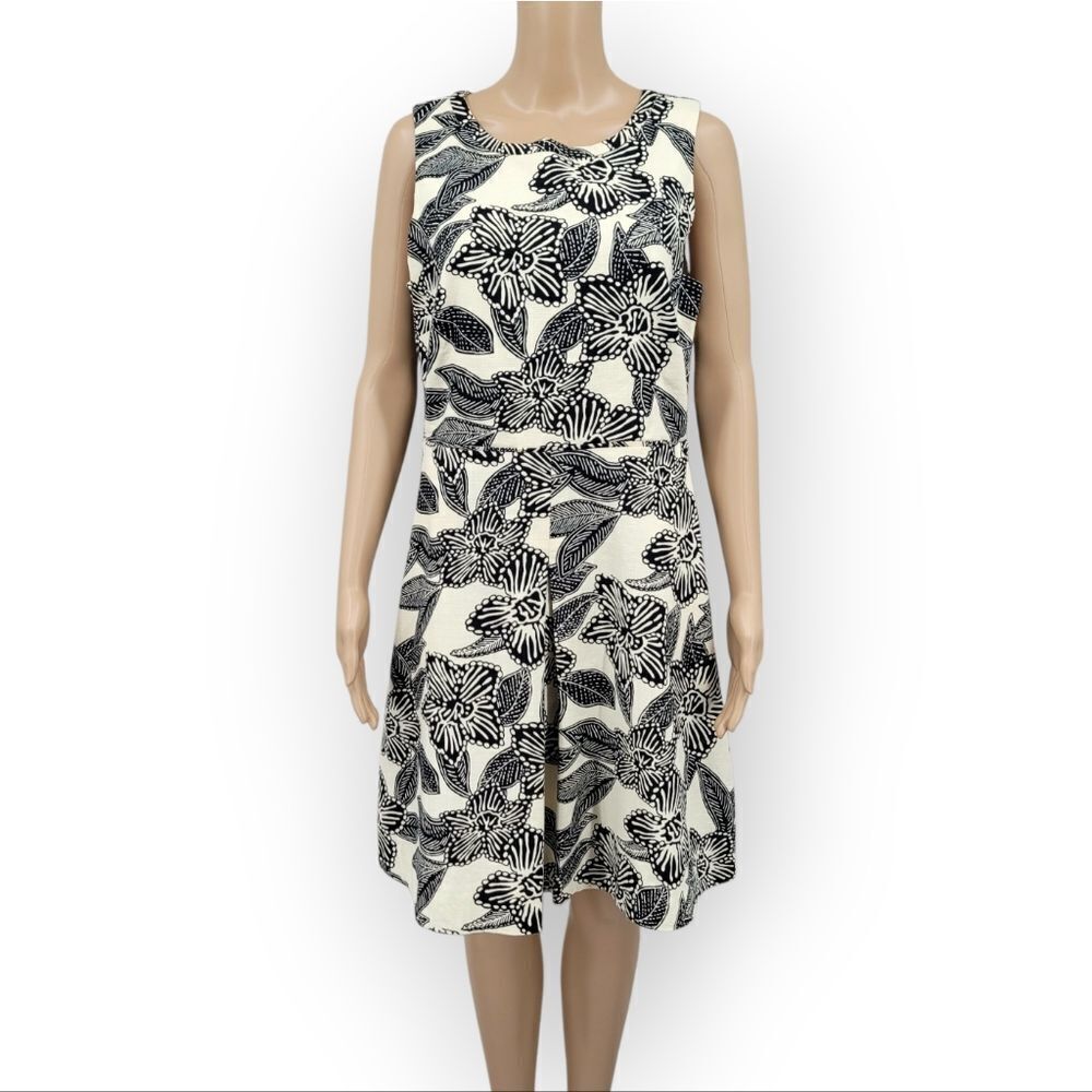 J Crew Women Sleeveless Polynesian Floral Print Dress Ivory Black A-Line Cotton